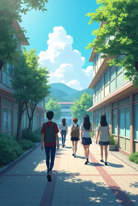 A view of a Korean high school in the morning. Students walk briskly into the school. The school&#39;s reputation as a place where students of diverse abilities gather and a competitive field full of dreams and ambitions is described. Anime