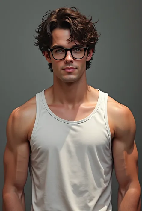 peter parker,  full body ,  looking in front of the camera, wearing dark glasses and white tank top,  curly hair , look half smiling , Ultra realistic style
