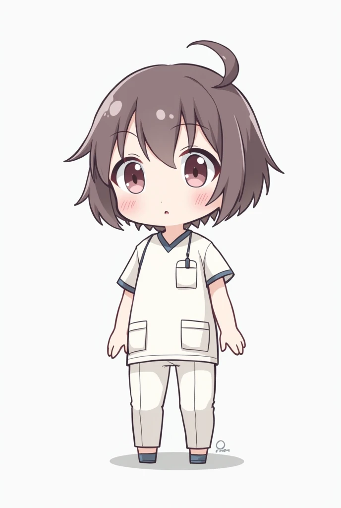 chibi-style drawing of a person wearing a clinical chest and clinical pants, without a mask and without a gown 