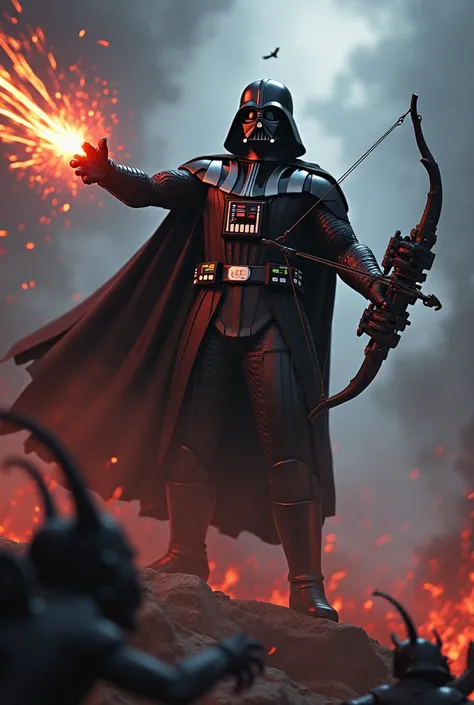 Muscular Darth Vader shoots demons with a crossbow with flaming arrows
