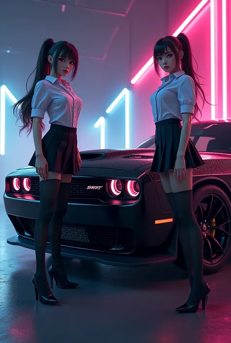 Create a poster of a black dodge challenger srt hellcat with white neon lines accompanied by two anime women in school suits and heels with black tights
