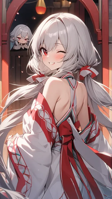 ( best quality, ),  Beautiful Women ( red eyes、 Silver Hair), elements that will get you a little bit out of your mouth、Shrine maiden， well-groomed face from a sense of distance、Perfect fingers and hands (Beautiful hands and fingers)A confident smile、Perfe...