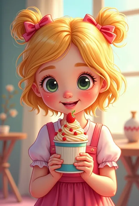  Blonde pastry girl with a dessert cup in her small hand, Disney cartoon style cartoon to put in a happy logo