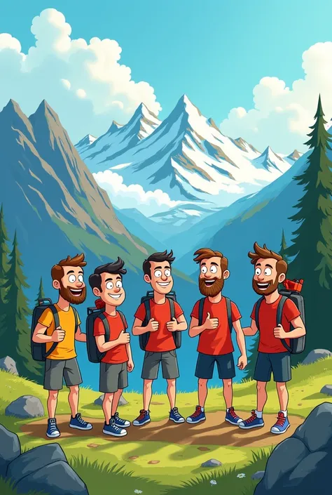 SIX men in the mountains having fun cartoon