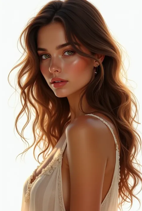 photorealism, full body, a naked young woman, beautiful realistic face, beautiful look, brown hair, Michael Garmash, Daniel F Gerhartz, storybook style, warm dreamy lighting, white background, volumetric lighting, pulp style adventure, fluid acrylic , dyna...