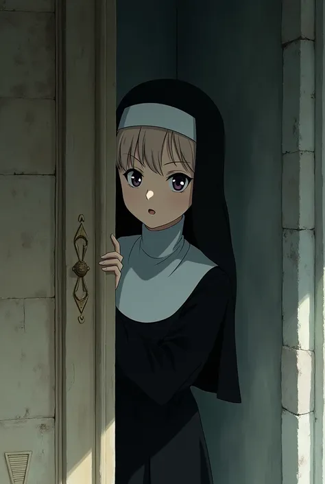 Anime of a nun hiding behind a wall