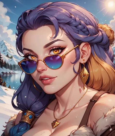 in a beautiful valley between two snow-capped mountains where a large magnificent river flows. She has a traditional outfit of the Viking people, her eyes are visible. She has magnificent ultra-detailed golden eyes, her pupils are dilated and her iris ultr...