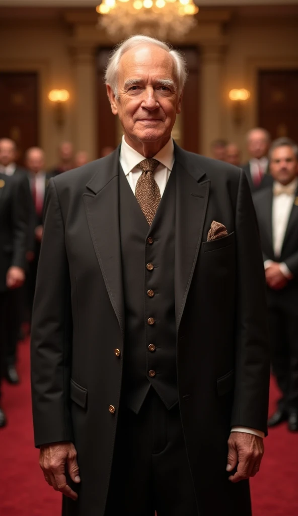 [A distinguished elderly gentleman standing confidently in a grand, elegantly decorated hall, dressed in a tailored three-piece suit with a crisp white shirt and a stylish tie; his expression is poised and authoritative, embodying a sense of wisdom and lea...