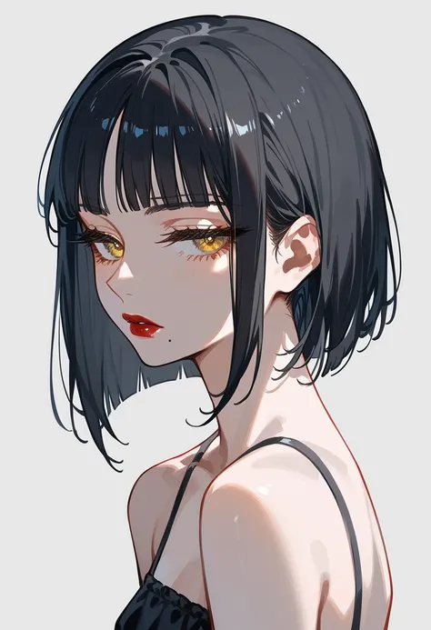 Artwork,, back view, single woman, alone, dark black hair, short blunt bangs, short blunt bangs, golden eyes, half-closed eyes, parted lips, lipstick, expressionless, fair complexion, small breasts, upper body, side parted bangs, with mole under mouth, cut...