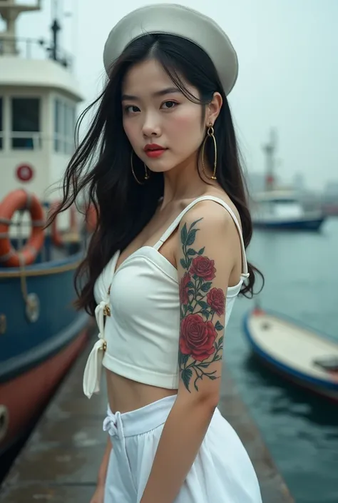 Imagine a full body photos woman of exotic Asian beauty with porcelain-white skin and brown eyes and thick eyebrows, with a look that can be both soft and intense. Your rose and angker tattoo, symbol of transformation and beauty, contrasts with his sailor ...