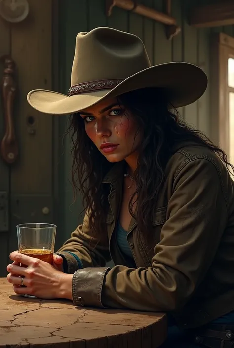 Cowboy woman in a hat sitting at a bar with tears falling