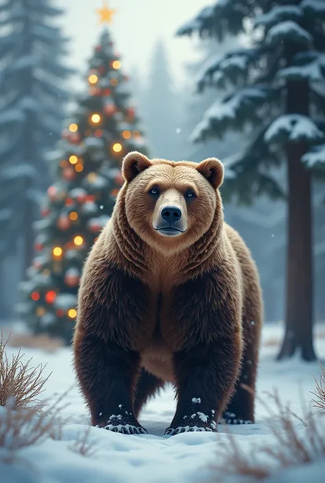 A bear in the snow next to a Christmas tree 