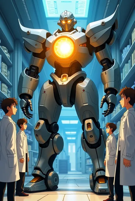 A machine with a core that shines gold on its chest while scientists look at the machine in their anime-style laboratory