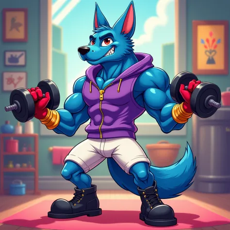 A blue muscular furry dog in gold bracelets , wearing black boots , in white pants,  in a purple zippered sleeveless sweater, wearing red gloves, holds dumbbells in his hands at the cartoon-style gym