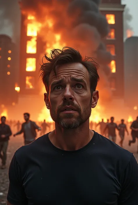 A man with a confused face and in the background a burning building with people running like crazy