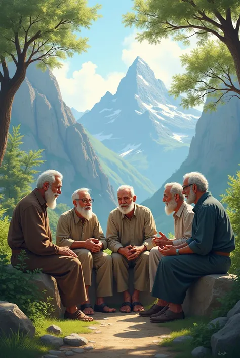 Six old mens in the mountain enjoying time together