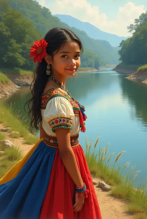  I need a drawing for a book called The Whisper of the Magdalena, I want it to be a girl in a typical Colombian costume , In which the Magdalena River also appears in the background , I want the typical Colombian costume to have the Colombian flag and the ...