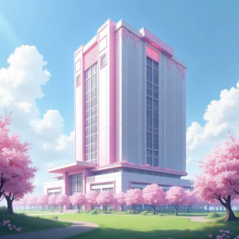 Create a thirty-story school called Sakura School. color pink and white  .  with Sakura flower tree on the sides and a green field.The color of the building is white