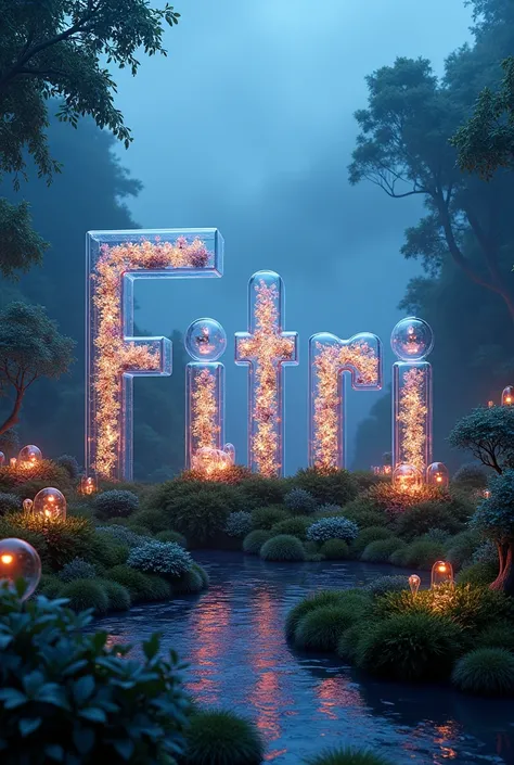 A mystical foggy garden with a large-scale art piece. The art piece is the name "FITRI PUSPITA" created from glass terrariums filled with bioluminescent flowers and glowing moss. The transparent structure of each letter glimmers with neon and bright colors...