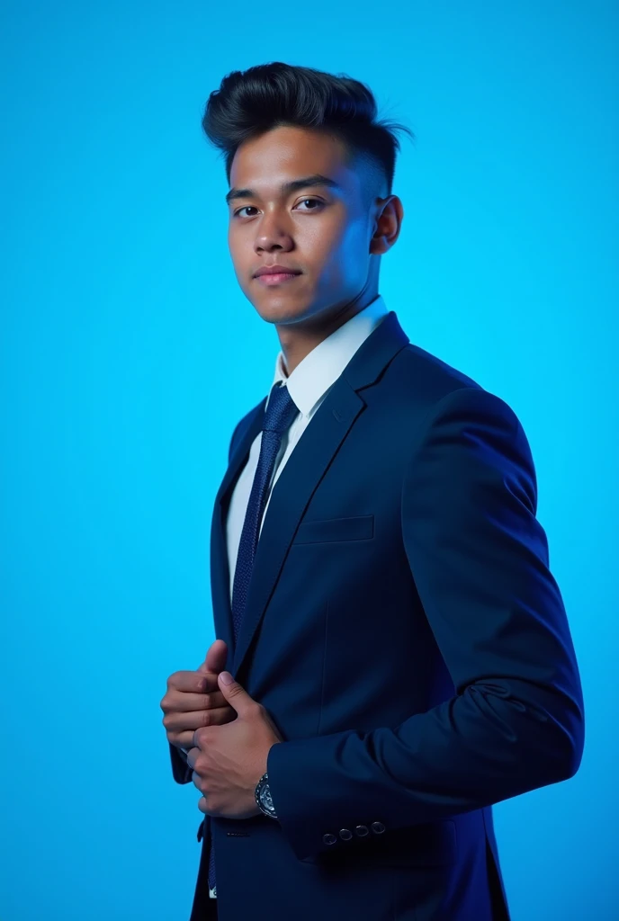 21 year old boy wearing formals posing linkedin blue light in background