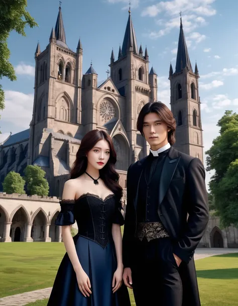  ceremonial image of a couple in formal clothes ,  Korean man with brown hair short brown eyes , black silk tie , black silk shirt, black jacket ,  black pants with a European-looking girl ,  blue eyes,  brown long hair ,  long black strapless funeral dres...