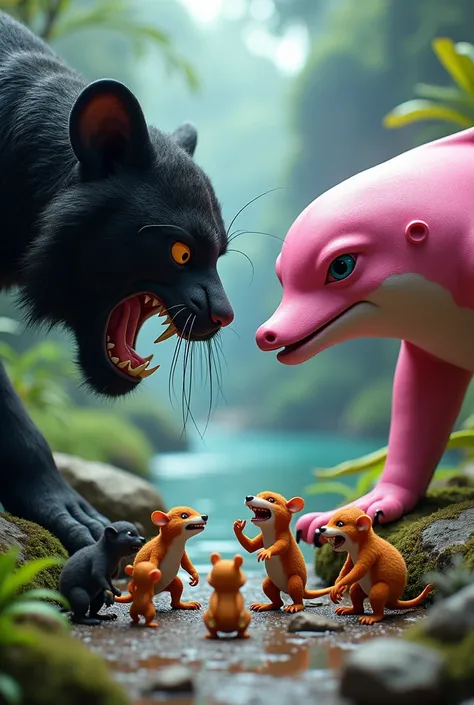 I WANT AN IMAGE WHERE THE LITTLE ANIMALS HATE THE BLACK TIGER AND THE PINK DOLPHIN 