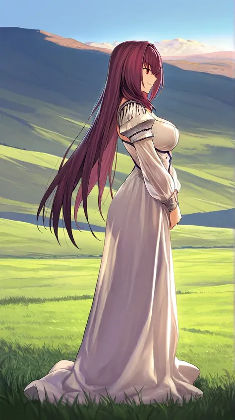  high resolution,   masterpiece  , necessary, detail,  best quality, quality, necessary,  tall details,

 1girl, alone, linda,  Costume, smile, full body,  in profile, 

Scathach, scathach Fate Grand Order, fate,  Fate Grand Order, 

On a Hill , Grass, blu...