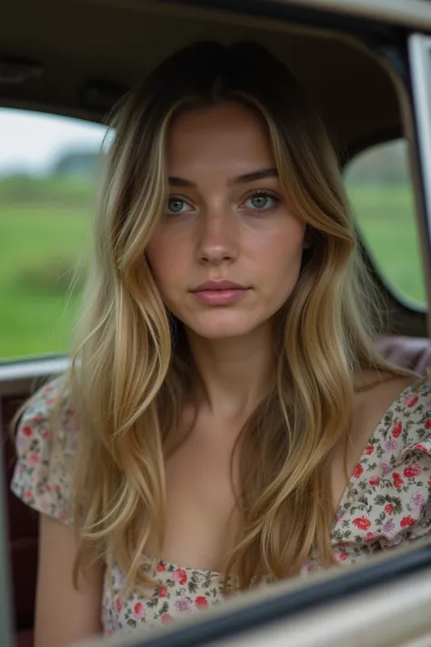 Produce a highly detailed image of a young Irish woman with long, wavy blonde hair sitting inside a vintage car. Her hair cascades over her shoulders, framing her face which is adorned with delicate freckles. She wears a floral dress with a pattern of smal...