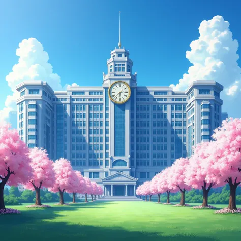 Create a thirty-story school called Sakura School. color Blue and white  .  with Sakura flower tree on the sides and a green field.A large round clock in the center of the building