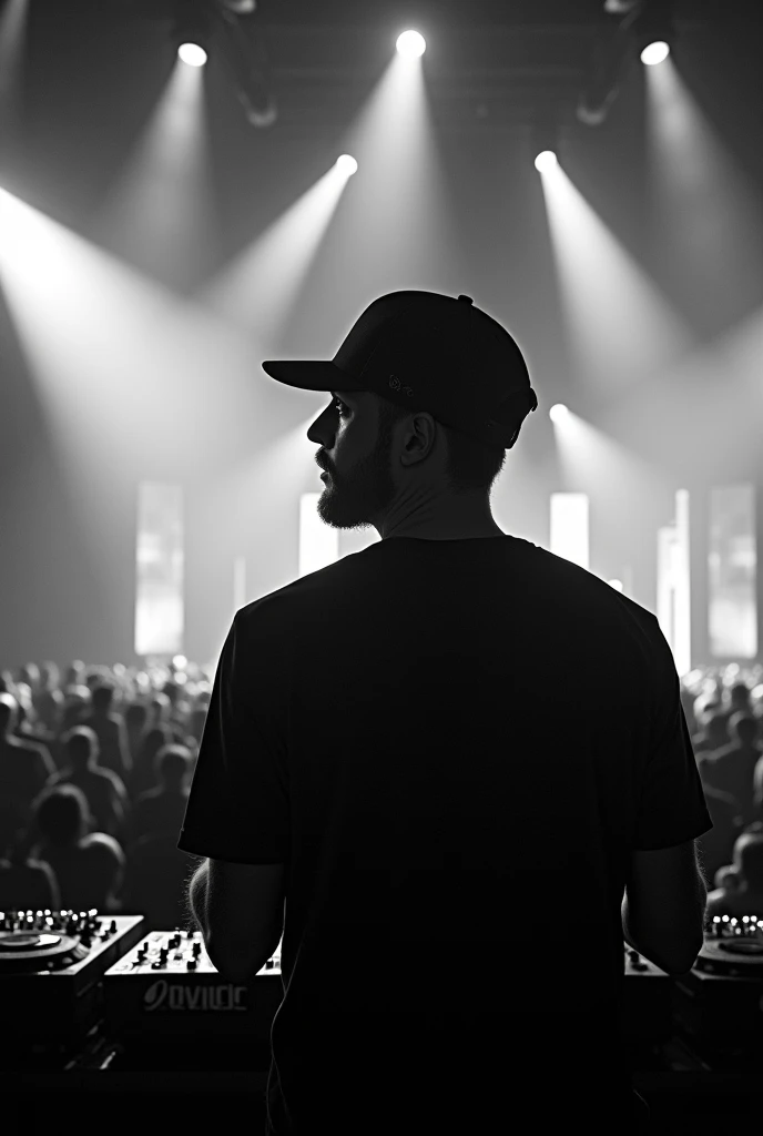  
 DJ concert in black and white, Put a cap upside down over your head ,  from another angle where you cant see the DJs face, Without Beard, Approximately 29 years old, Make it look like an Avicii concert