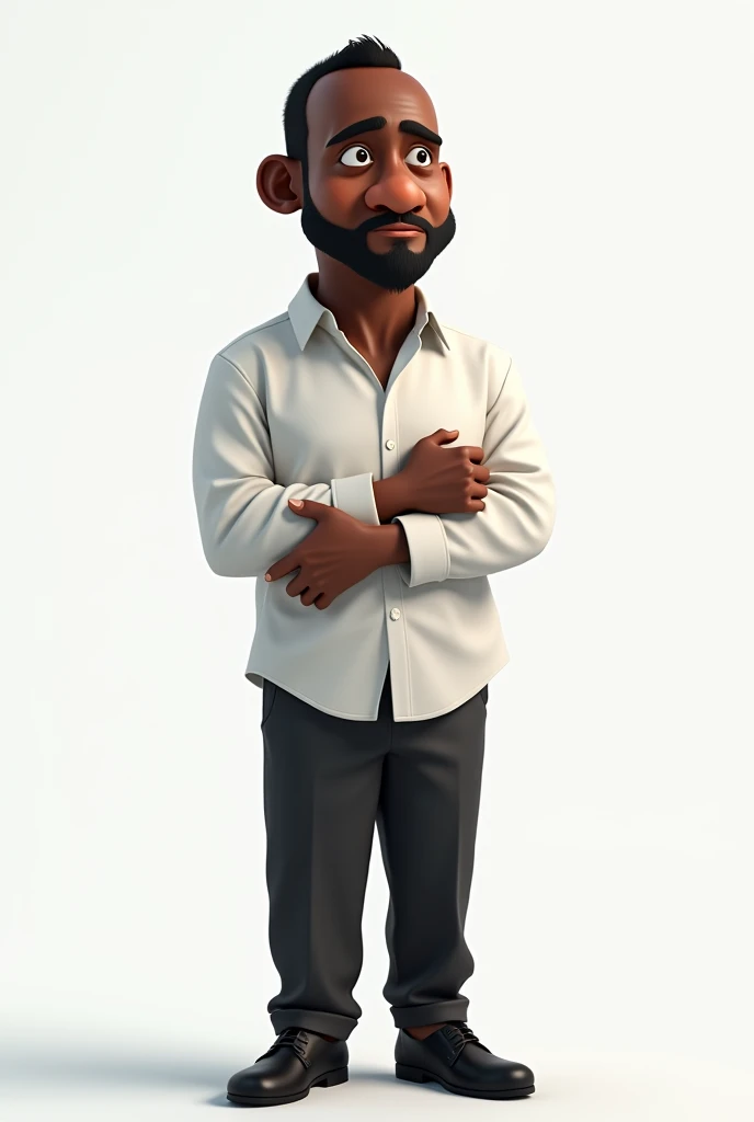 Realistic 4D cartoon photo , big head,   a middle aged man with an African face  , 50 years old, black skin,  short black hair ,  wearing a folded white long-sleeved shirt ,black pants,  Black leather shoes , standing posture,  looking forward and the posi...