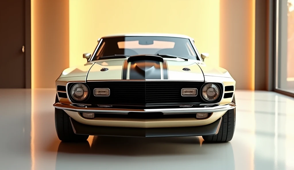 Create a 3d render (front) review car design 1970  (ford mustang boss 429 ) “(cream beige) colour with a “(mustang) ” logo on back. “” on its  back end look. and. Headlights“in pure glossy black with ultra detailed glossy shining image captured from  (fron...