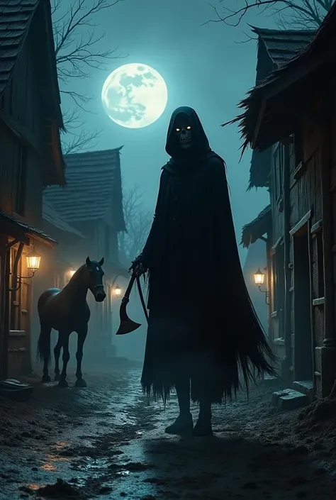 medieval, Skinny ghost wearing black cape and black tunic,  in wooden village with mud on the streets, night, horse, sickle.