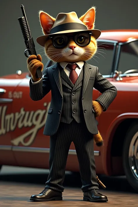 Create an image of a cat  standing next to an old-school car. The cat should be dressed in a vintage gangster outfit, smoking a cheroot with one hand and holding a tommy gun in the other. The car should have the word Unruggables prominently displayed on it...