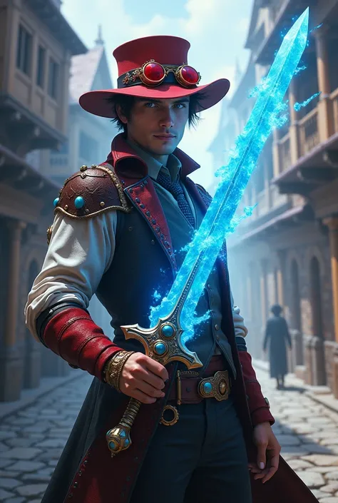 Create final fantasy style a man with a red steampunk hat on his head with red brass glasses on his head with blue eyes wearing a steampunk blue metallic vest holding a blue metallic ice sword with details in a modern medieval village style magic the gathe...