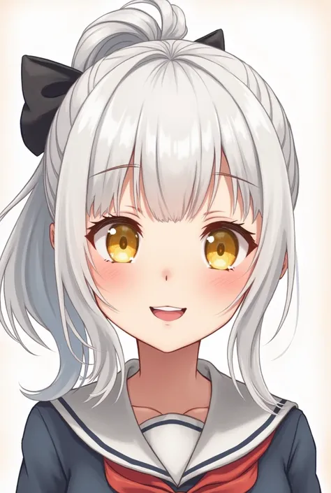  a 21-year-old female character who has white hair in a ponytail with fringes , Yellow eyes and always smiling , She wears very nerdy clothes and always wears a little black bow around her hair.