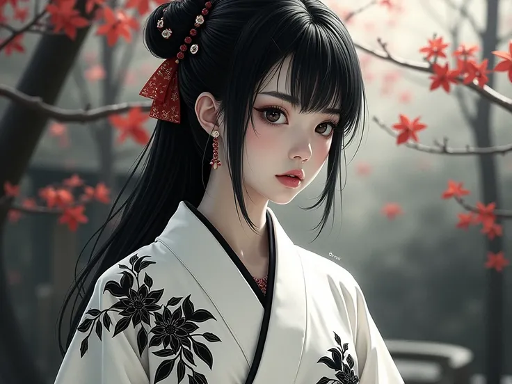 
A mesmerizing dark fantasy portrait of a Japanese woman in her twenties, blending traditional and modern elements. The subject wears a stunning white kimono with exquisite black floral and bamboo embroidery, set against a backdrop of a refined Japanese ga...