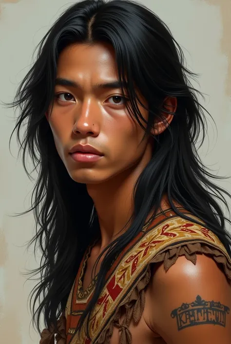 Young male of about  ,  black hair , long, limp, , almond-shaped black eyes, thin brown skin,  with indigenous features wearing tribal clothing  