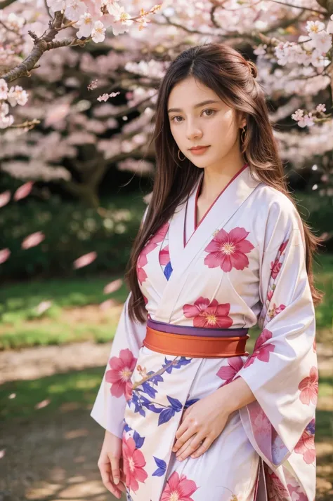 a beautiful detailed girl with long dark hair, mesmerizing eyes, elegant facial features, wearing a traditional Japanese kimono, standing in a lush, vibrant garden with cherry blossom trees, ultra-detailed, 8k, photorealistic, dynamic lighting, cinematic c...