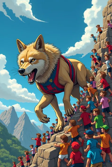  Make an image of a wolf from the Pelotas sports team climbing the mountains of Rio Grande do Sul, with the crowd behind ,  several little dolls in the case of yellow and blue , But in drawing, type of game, not in painting 