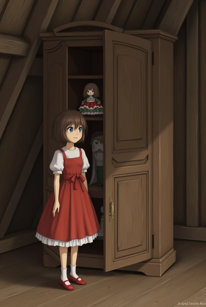  An  girl with short brown hair ,  with a red dress with short white sleeves and a red shoe with white socks,  in the attic in front of an old closet that has a small porcelain doll inside , with glass eyes and a little embroidered dress , inside a closet!