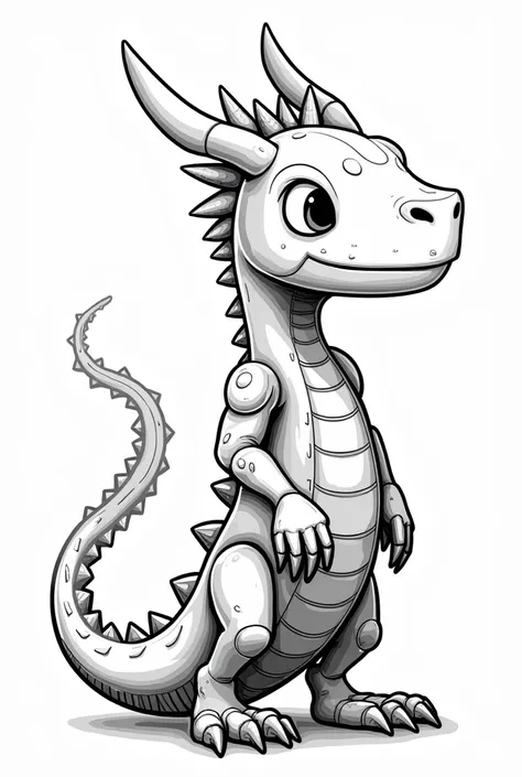 Black and white outline drawing for coloring, humanoid futuristic robot dragon for s, coloring pages for young people, full white, ish style, full body white background, sketch style, (((((white background))))), use outline only, cartoon style, line art, f...