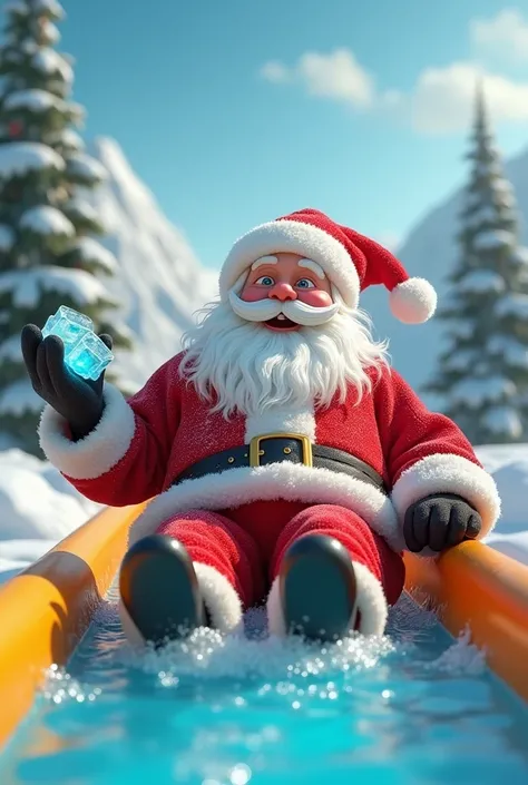 Santa with ice cubes and a water slide 