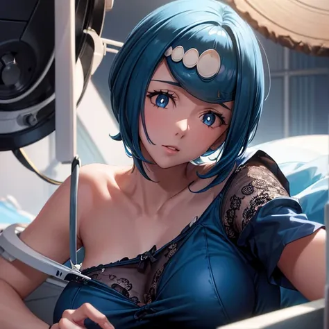     woman lying on her back on an operating table　 (((    a woman has a penis between her legs     )))     blue hair 　 Machine shaped like the upper body of a 　Legs open 　Black lace outfit 　Im shaving my blue pubic hair　 shirtless