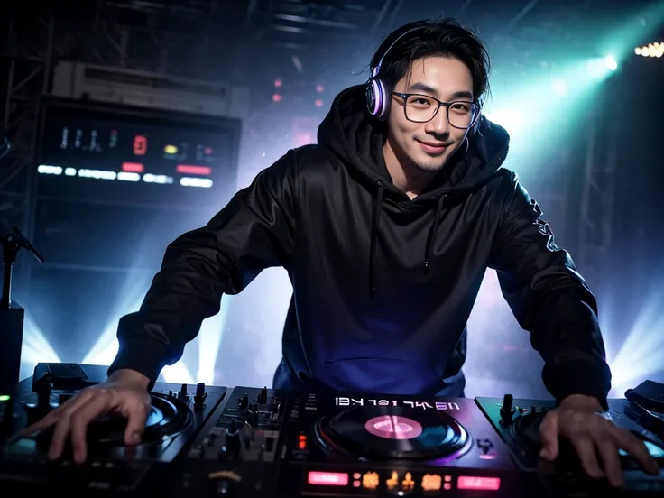  beautiful , An ultra-high resolution image of a Korean man in his late 30s with glasses ,  showing off his signature hip-hop pop costume, a black misty hood, and normal sized silver DJ headphones.

 His head is arranged in a trendy style, and ,  He is smi...