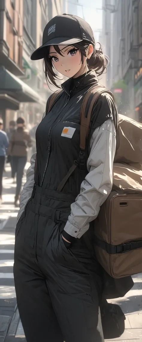 Female courier, work clothes, On the way to deliver express, on city streets, high detail, 4K, masterpiece.