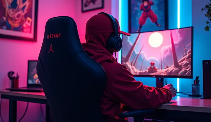 Gamer vue derrière le siège, dans gaming room, jouant aux jeux vidéo sur console, joystick dans les mains, style comique, dessin animé, style comique, gangster, casquette jordan rouge, capuche sur casquette, tenue techwear, dynamique, posters mangas dragon...