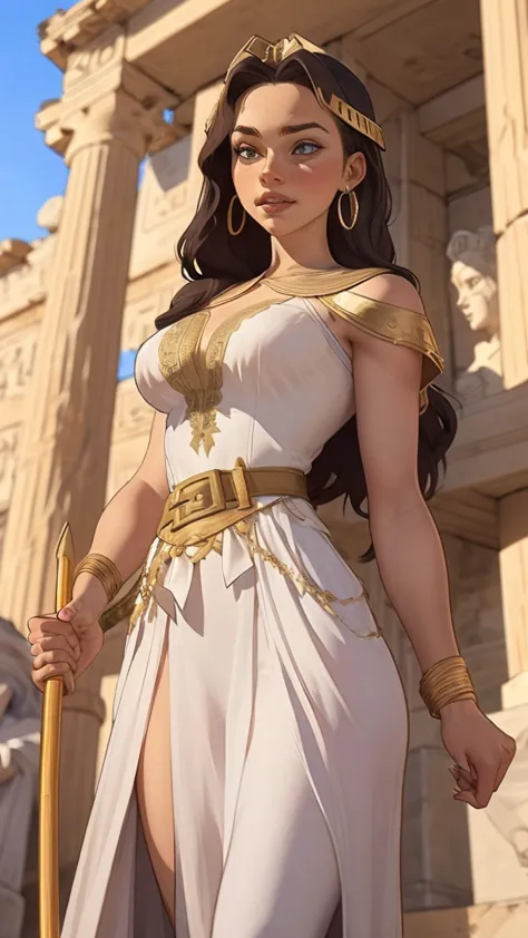 a close up of a woman in a dress with a gold belt, emilia clarke as a greek goddess, emma watson as a greek goddess, elegant anc...