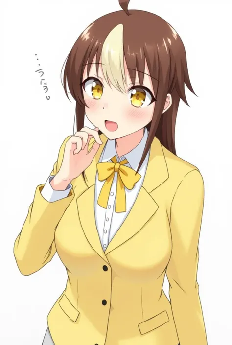 1 , Alone,  long hair, open mouth, fringe,  Brown Hair ,  blond hair ,  plain background,  yellow eyes , breasts, Rice,  seen from above,  Best Quality , wolfcut hair, hair of two colors, yellow suit,  bow tie, yellow tie,  pixie haircut , 