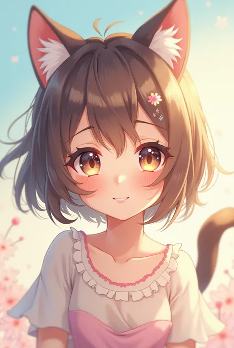 Girl , with cat ears and tail, anime style drawing
